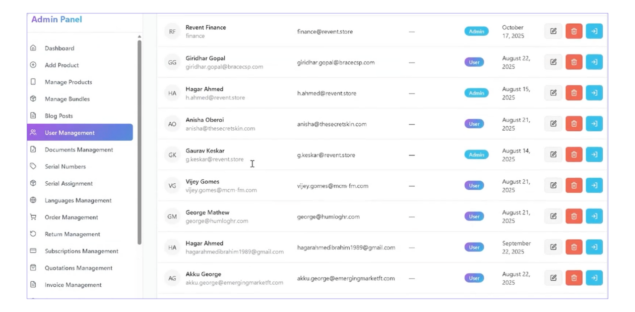 Revent admin panel